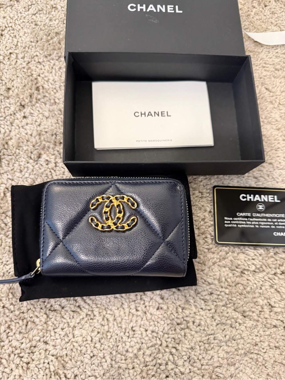 CHANEL Navy Quilted Leather Coin Pouch with Gold CC Emblem